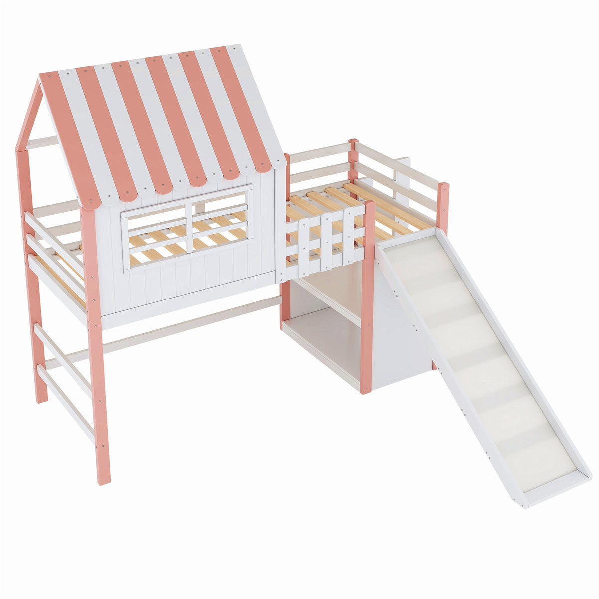 Children's Bed, Attic Design with Safety Ladder & Slide, Multi-Level Storage, Solid Wood, Pink