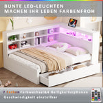 Solid Wood Sofa, 140x200cm Double Bed with Drawers, USB, LED, Shelves, White