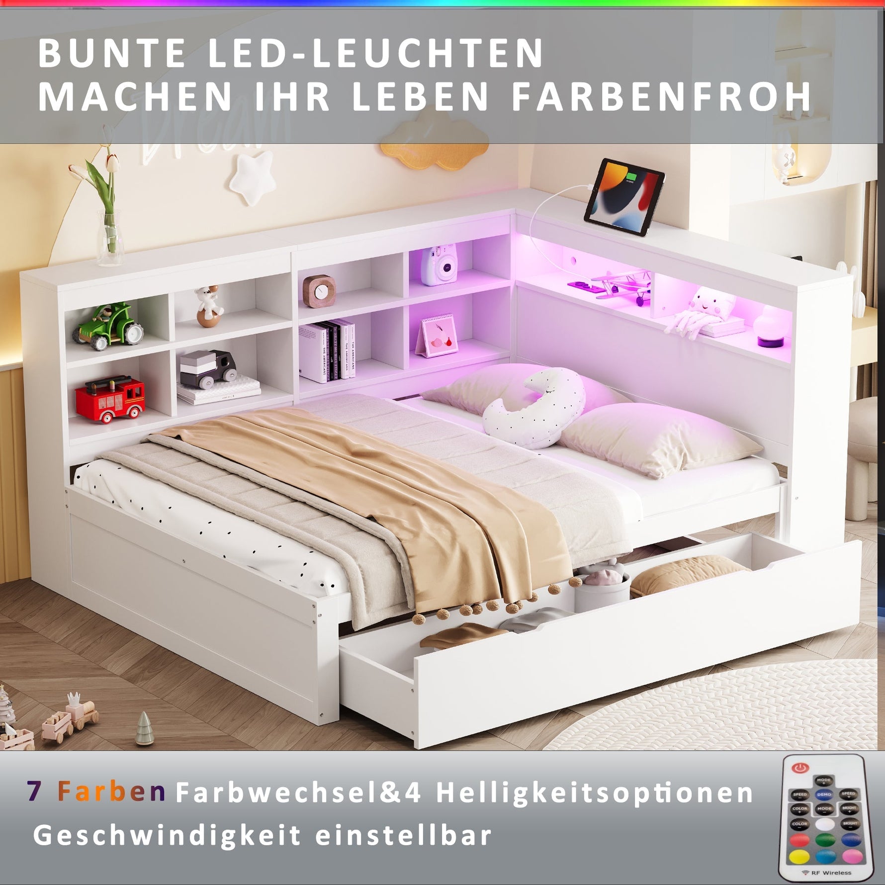 Solid Wood Sofa, 140x200cm Double Bed with Drawers, USB, LED, Shelves, White