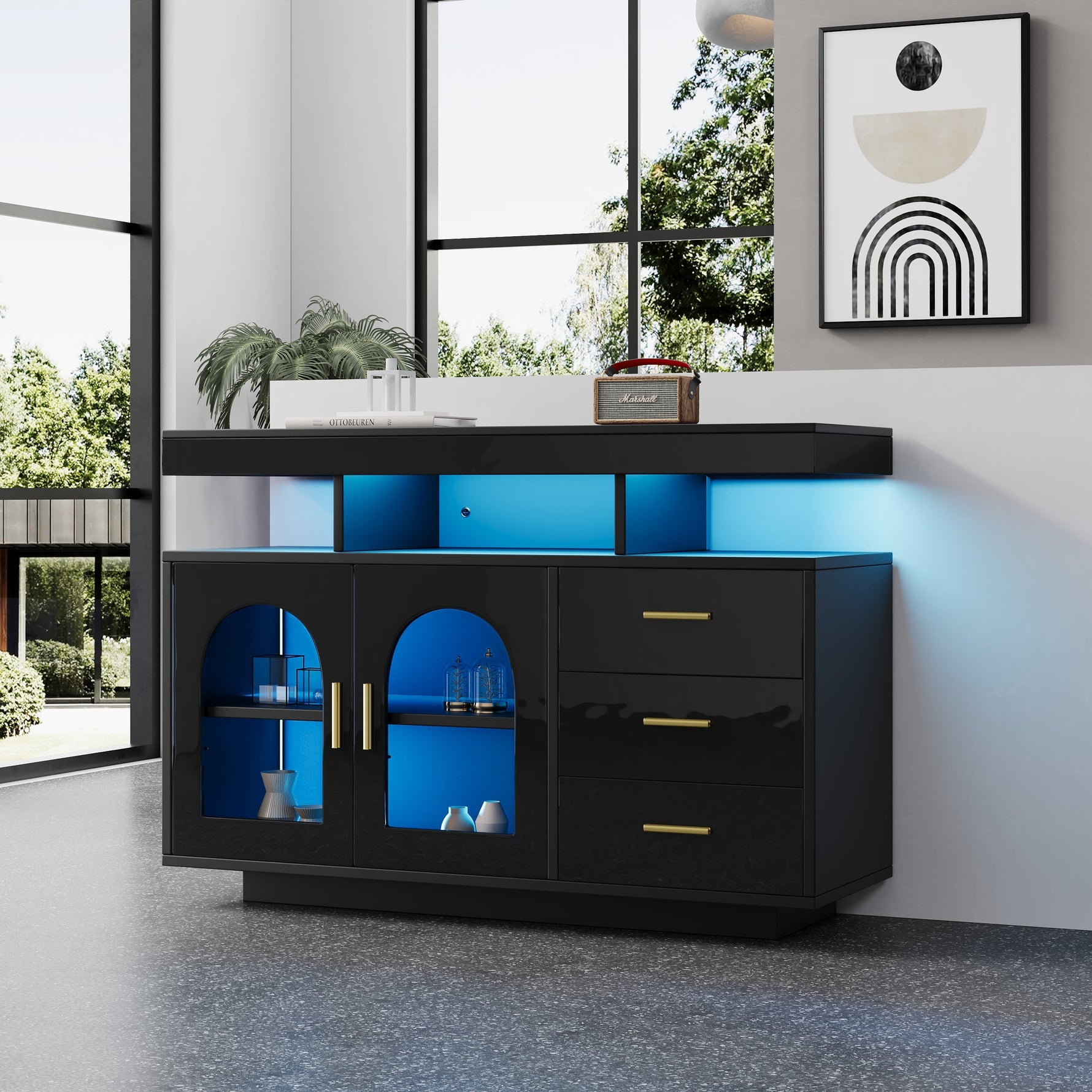 LED Sideboard Buffet Cabinet with 16-Color Lights and 3 Drawers, Black