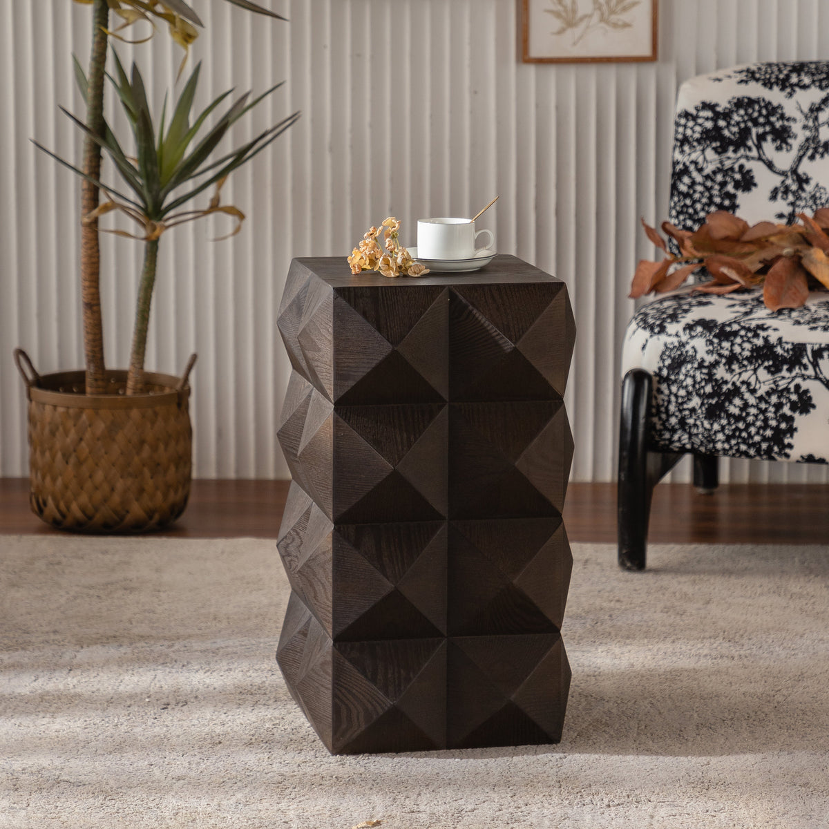 60cm height three-dimensional embossed pattern design retro side table retro wooden nightstand brown