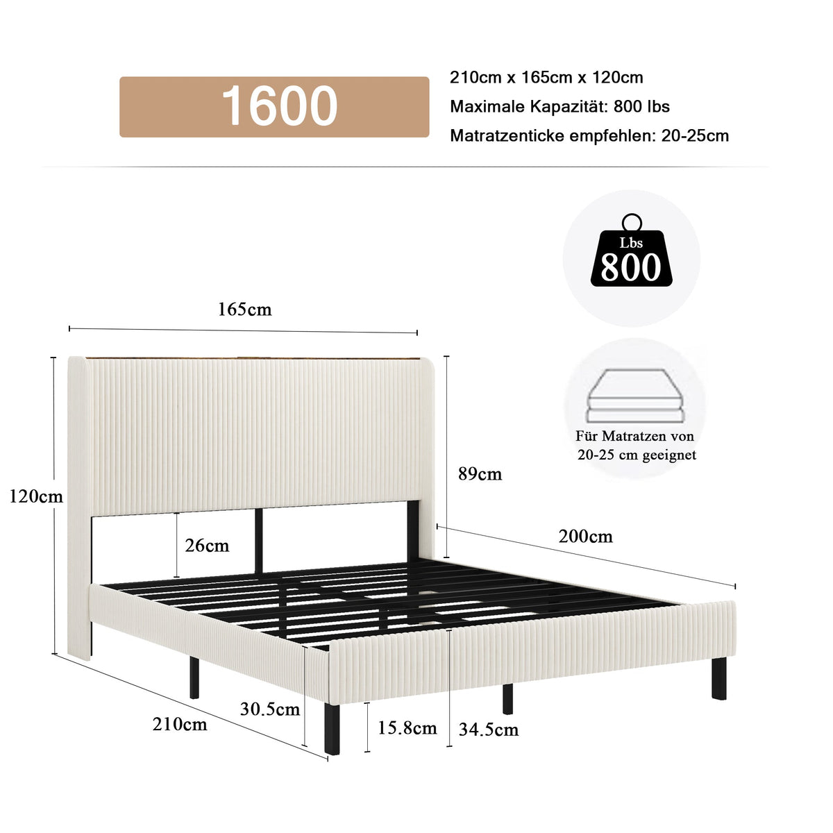 Bed Frame 160x200 Upholstered Platform Wing Edge Design Metal Slats Fabric