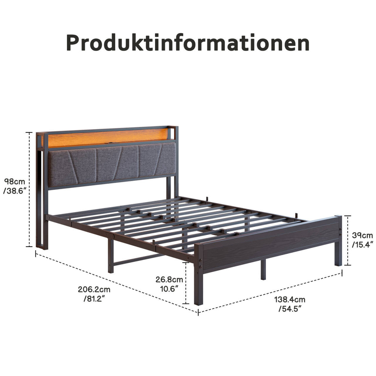 Bed Frame 140x200cm LED Headboard USB Charging - Metal Slats