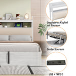 Bed Frame 90 x 200, Hydraulic Lift, USB, Upholstered Headboard, White