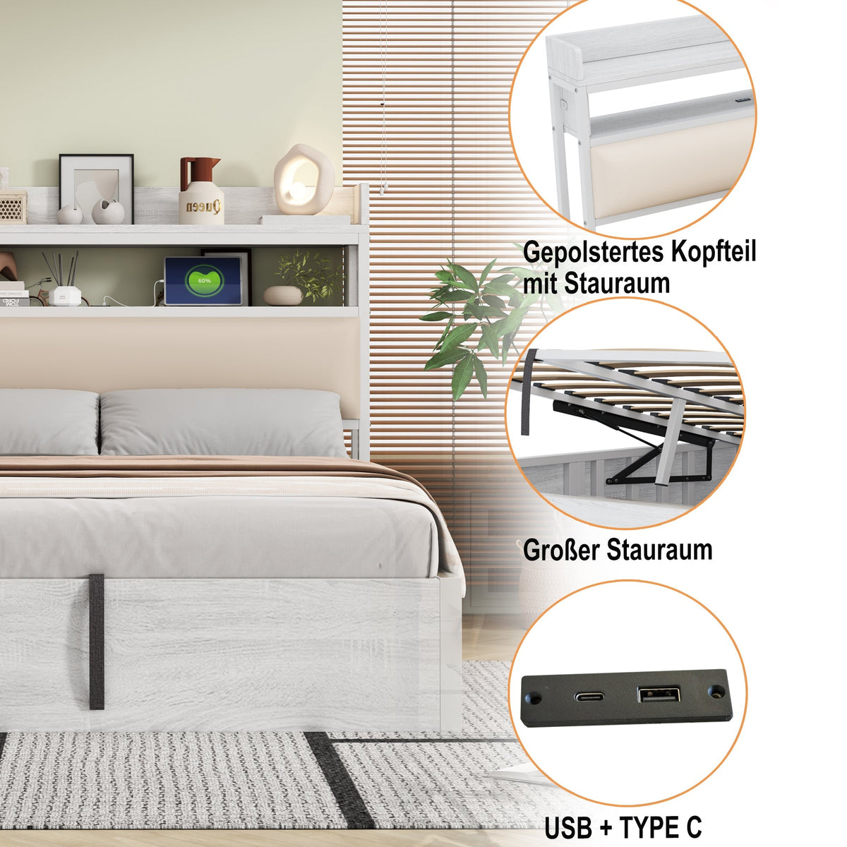 Bed Frame 90 x 200, Hydraulic Lift, USB, Upholstered Headboard, White