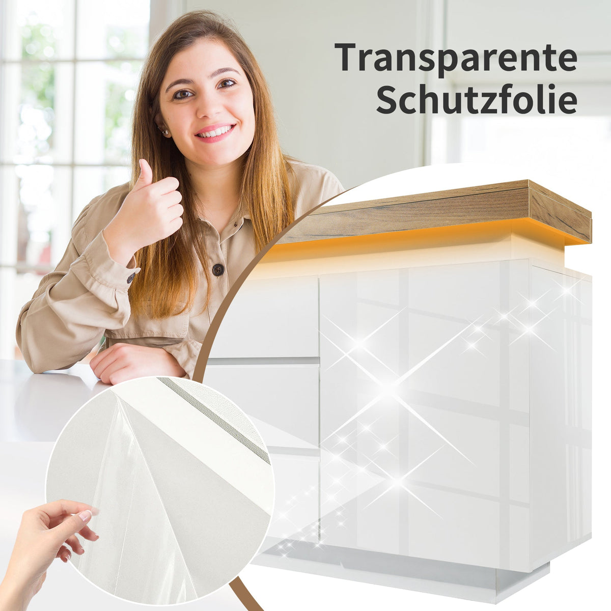Chest of Drawers, High-Gloss Sideboard with 2 Doors & 3 Drawers, LED Lighting, White