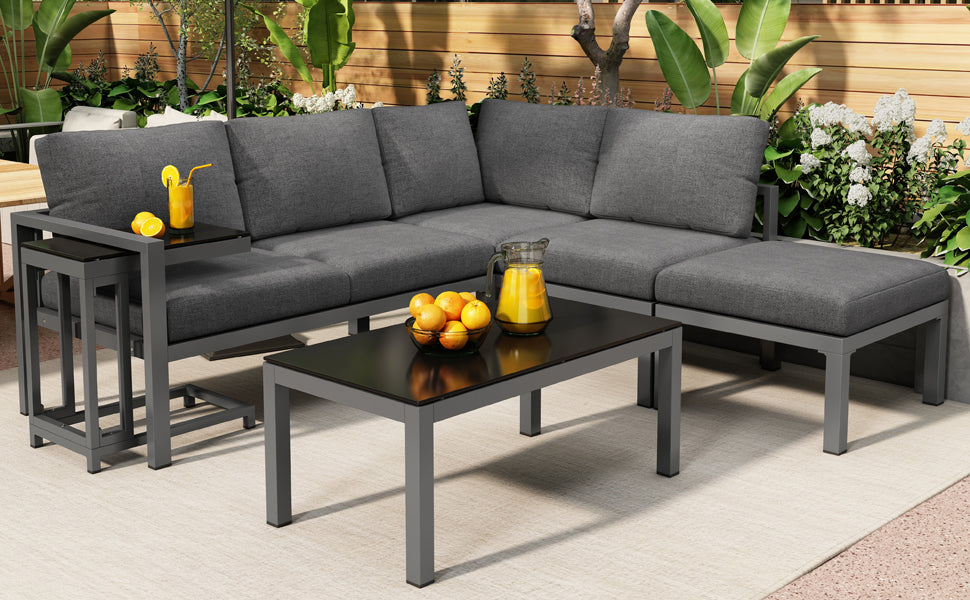 Garden Lounge Set Corner Chairs 4-5 Seater Side & Coffee Table 5-Piece - Grey