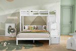 Multifunctional Bunk Bed with Wardrobe and Storage Stairs, 90x200cm and 140x200cm, White Solid Wood and MDF