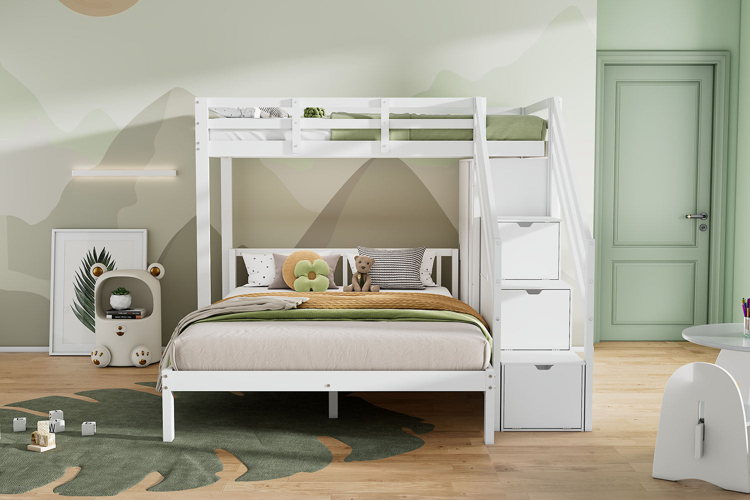 Multifunctional Bunk Bed with Wardrobe and Storage Stairs, 90x200cm and 140x200cm, White Solid Wood and MDF