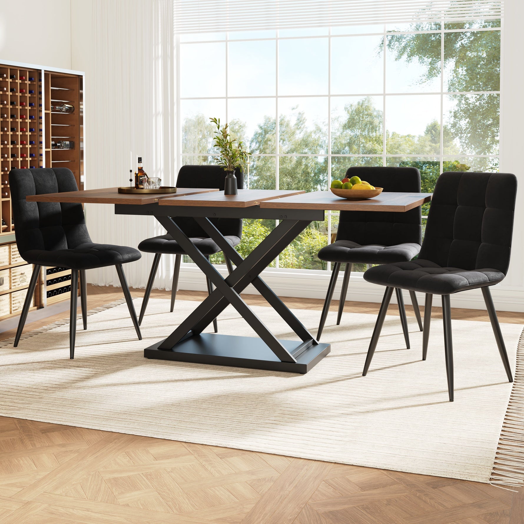Dining Set, 5-Piece Extendable for 4, Black Velvet & Walnut