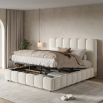 Upholstered Double Bed 140x190cm, Hydraulic Storage, White Bouclé