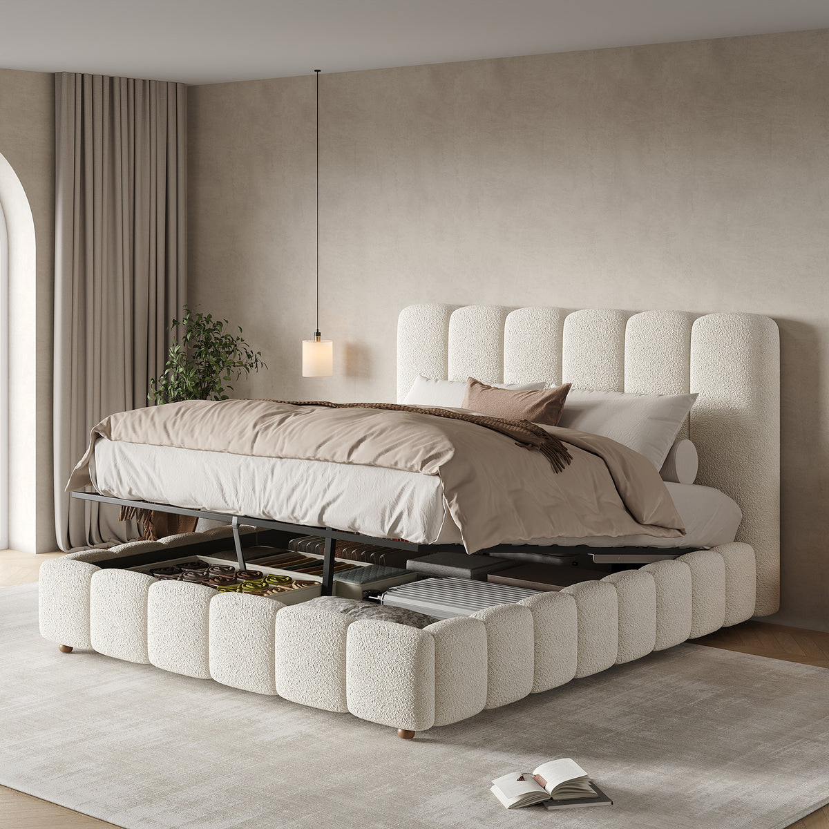Upholstered Double Bed 140x190cm, Hydraulic Storage, White Bouclé