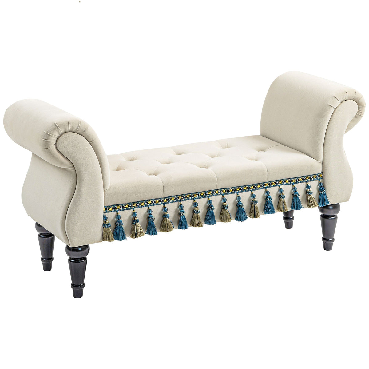 Upholstered Bench with Armrests, Vintage Design, Beige Velvet