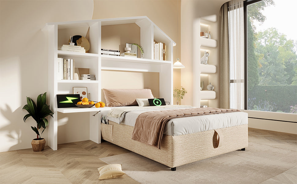 Children's Upholstered Bed 90x200cm, Bookshelf Hydraulic Storage USB-C, Linen Natural/White