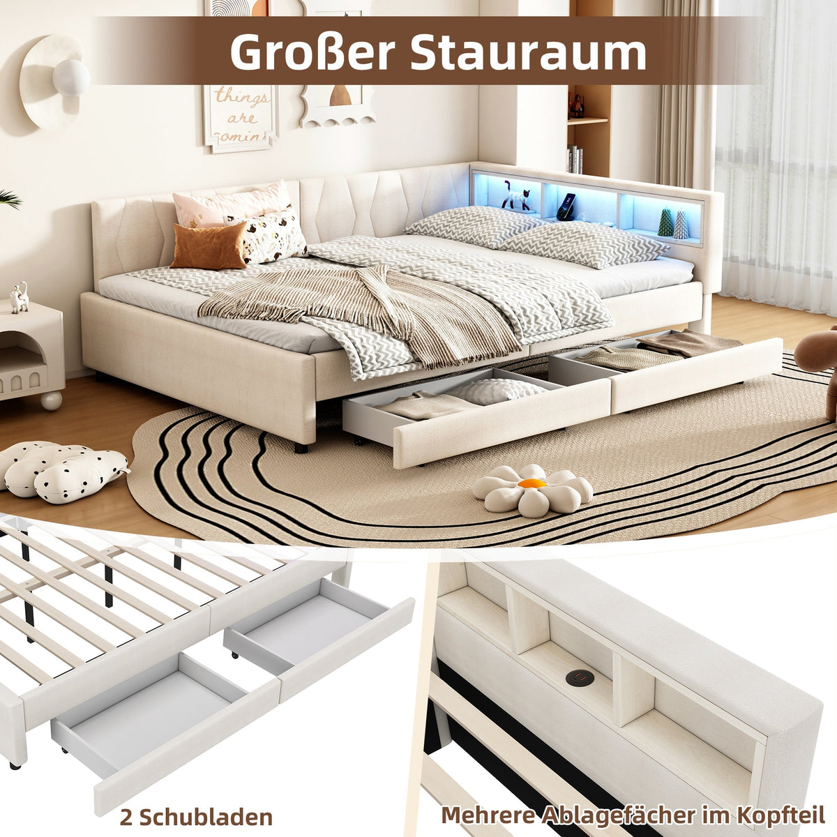 Daybed Sofa Bed 140x200cm Storage USB/Type-C LED 2 Drawers - Linen Beige