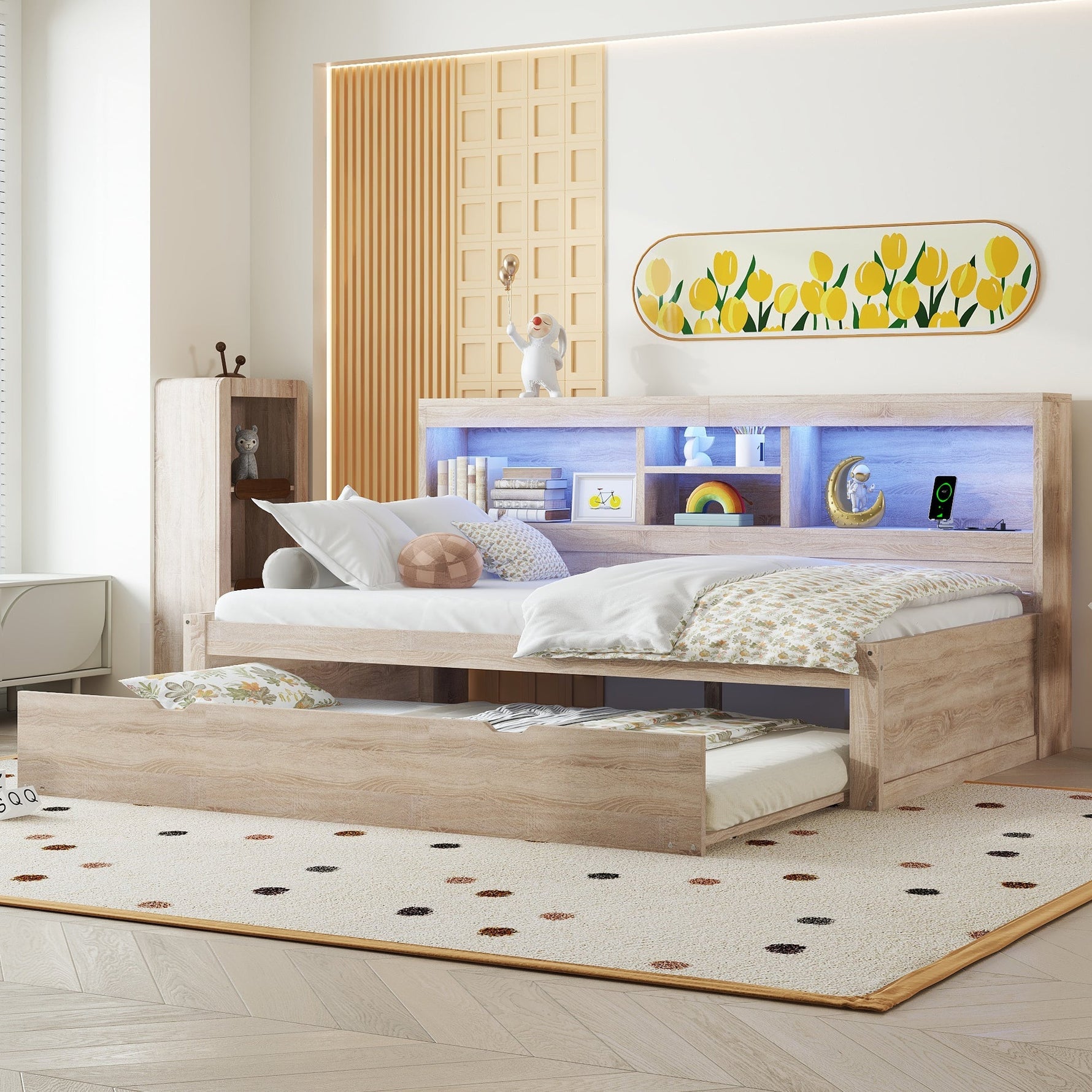 Daybed with Pull-Out Bed, LED Lights and USB Port, Natural Finish