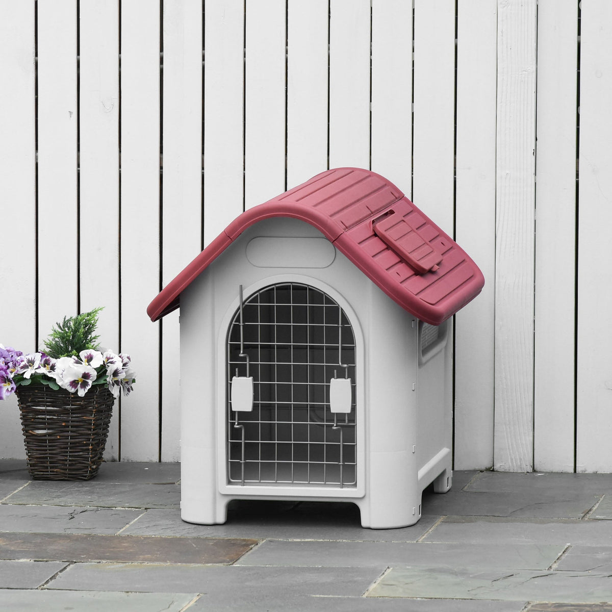 Outdoor Dog Kennel with Roof Hatch, Gate, Air Circulation, Red
