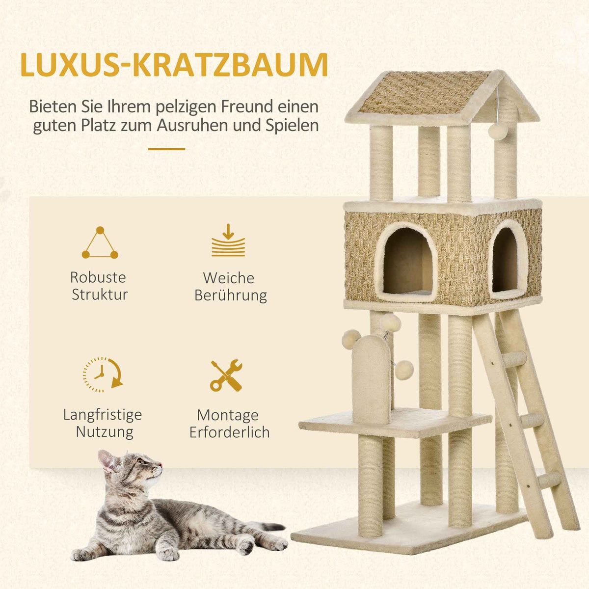 Cat Tree Large 130cm, Cat Cave & Play Balls, Khaki+Beige Chipboard Plush