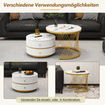 Coffee Table Set Nesting 2-Piece Round Marble Look, 2 Drawers, White