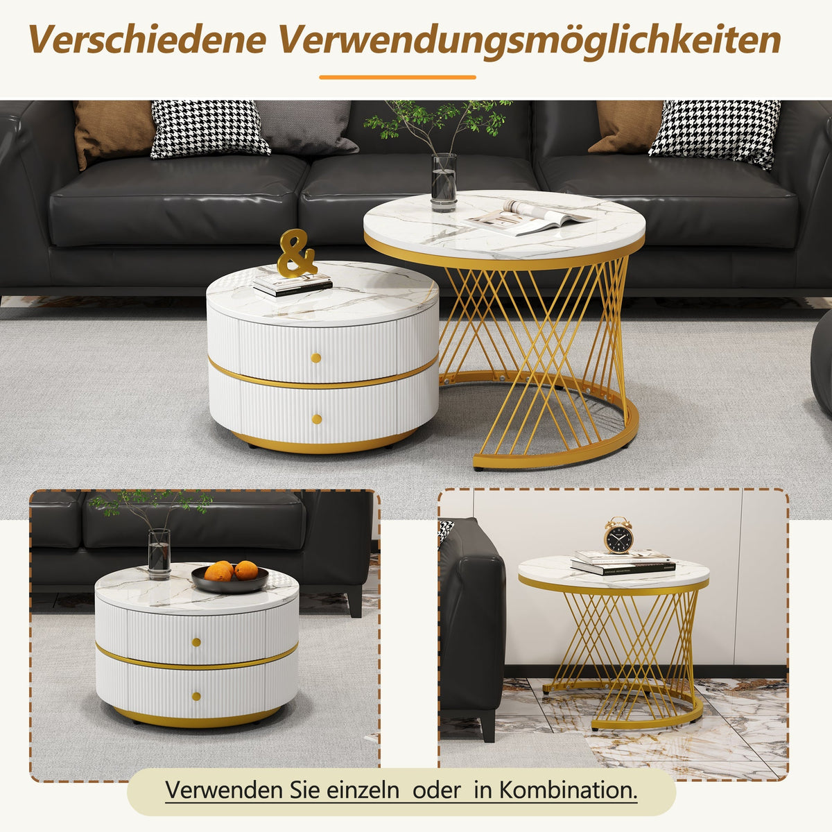 Coffee Table Set Nesting 2-Piece Round Marble Look, 2 Drawers, White