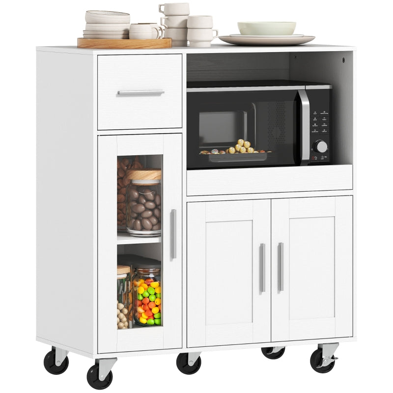Mobile Kitchen Cabinet with Drawers, Shelves & Cable Hole - White