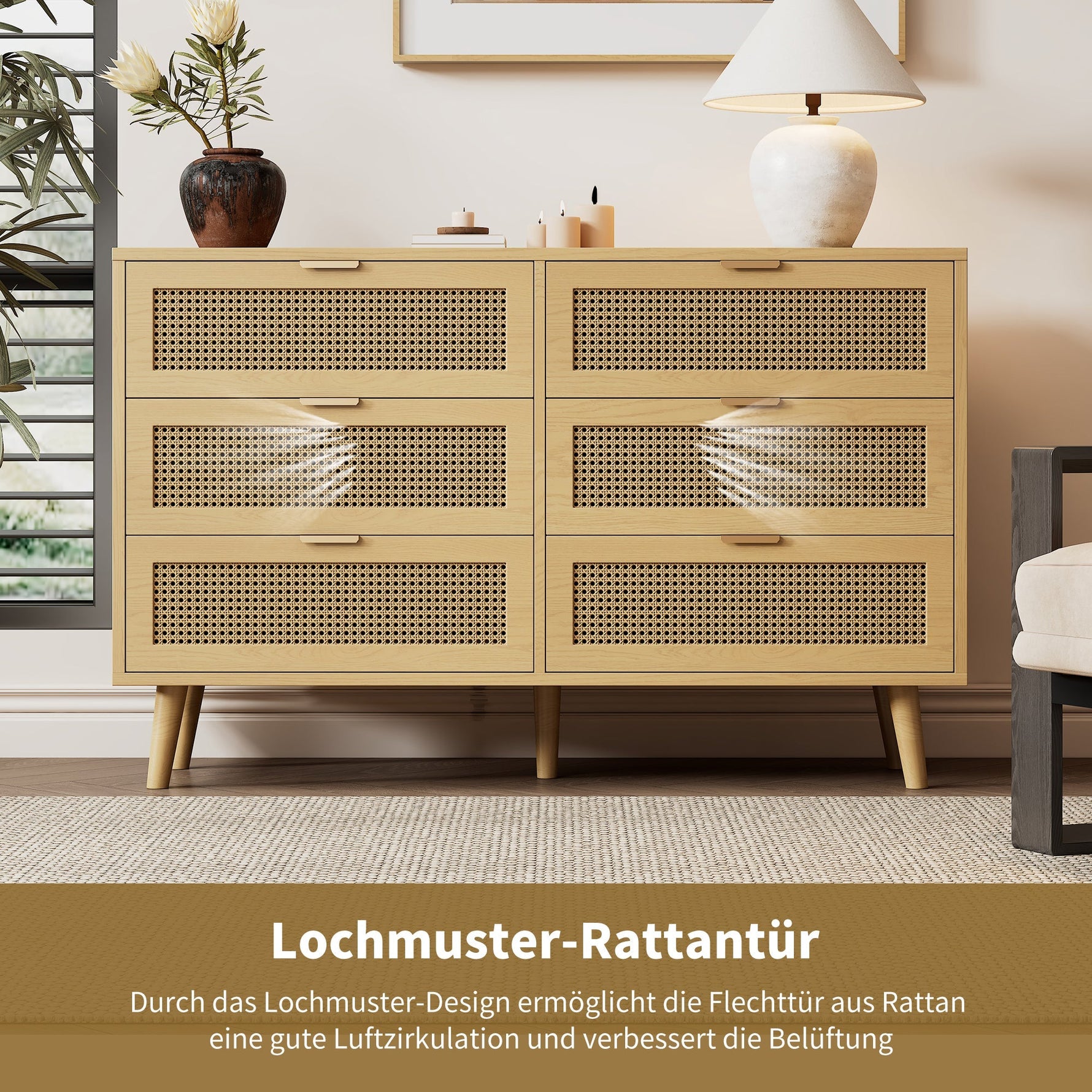 Chest of drawers with 6 drawers, metal handles, wood