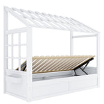 Country Style Children's Bed 90x200cm with Roof & Storage, White