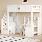 Solid Wood Loft Bed 90x200cm with Safety Door & Ladder, White