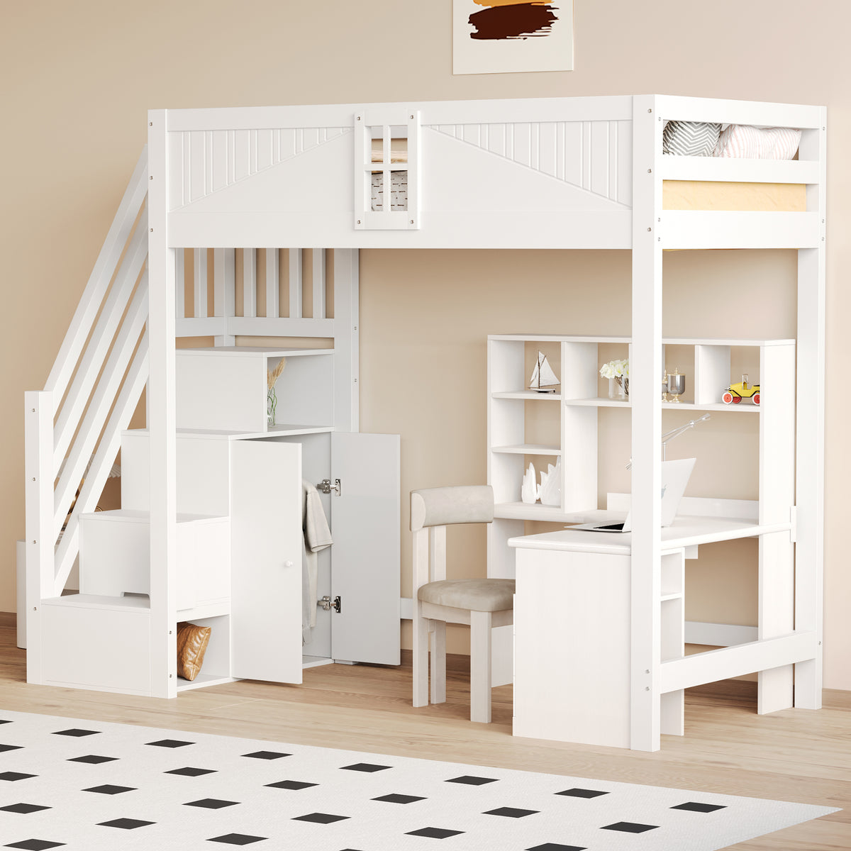 Solid Wood Loft Bed 90x200cm with Safety Door & Ladder, White