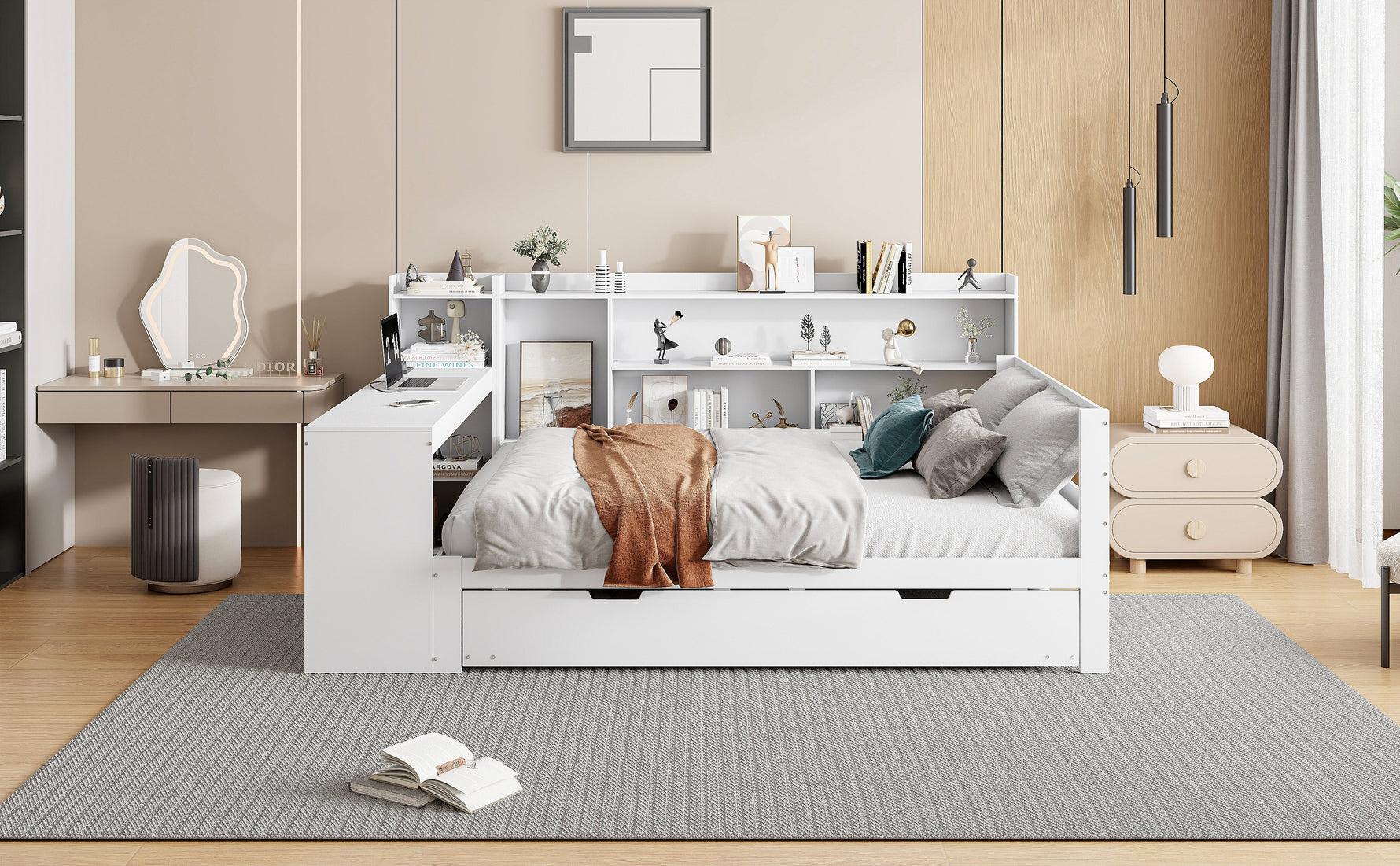 Sofa Bed, Multifunctional Double with Desk, Bookshelves, Storage, Power Outlets, Pull-Out Bed, Solid Wood