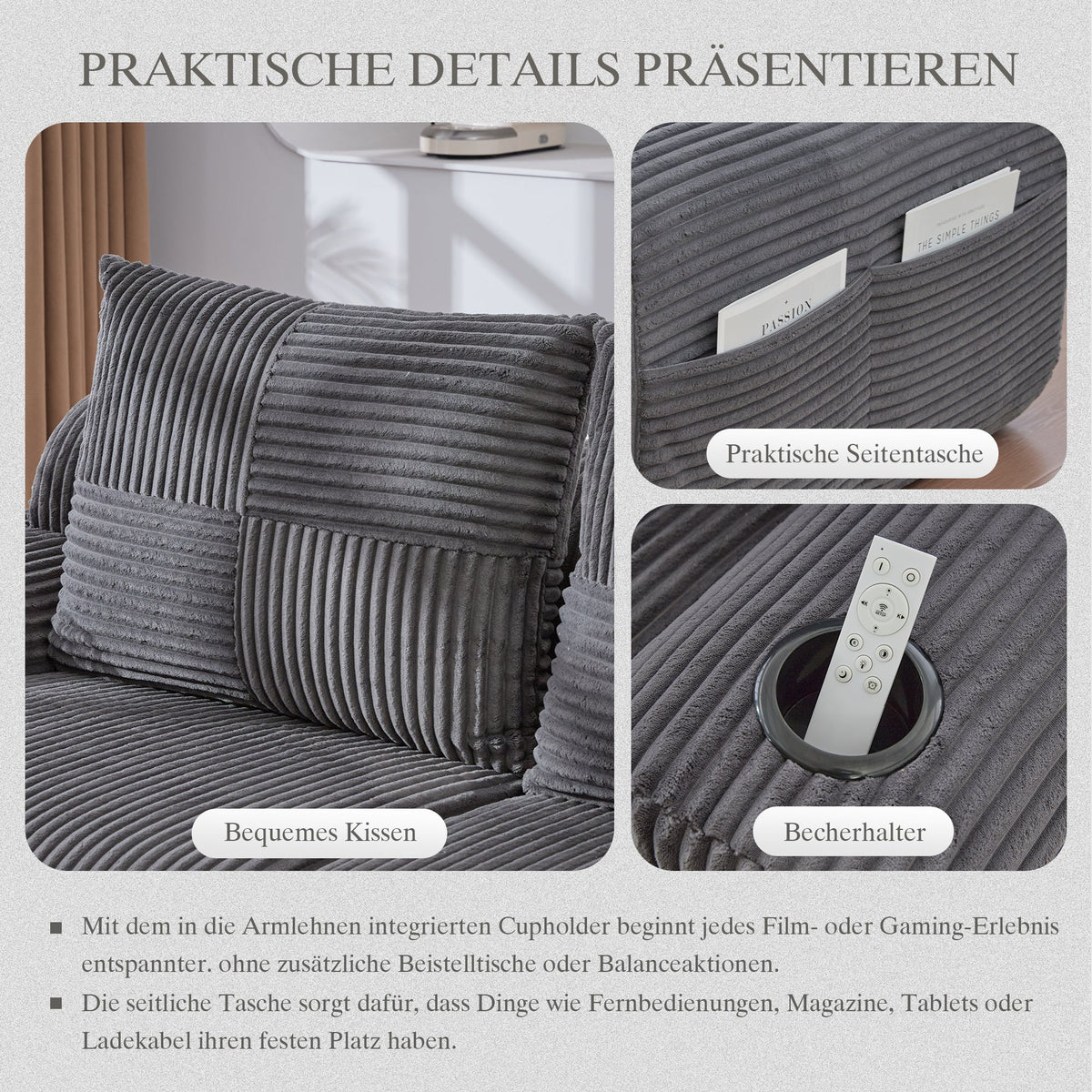 Modular 4-Seater Sofa with 2 Ottomans, Cup Holders and Storage Pocket, Dark Grey Corduroy