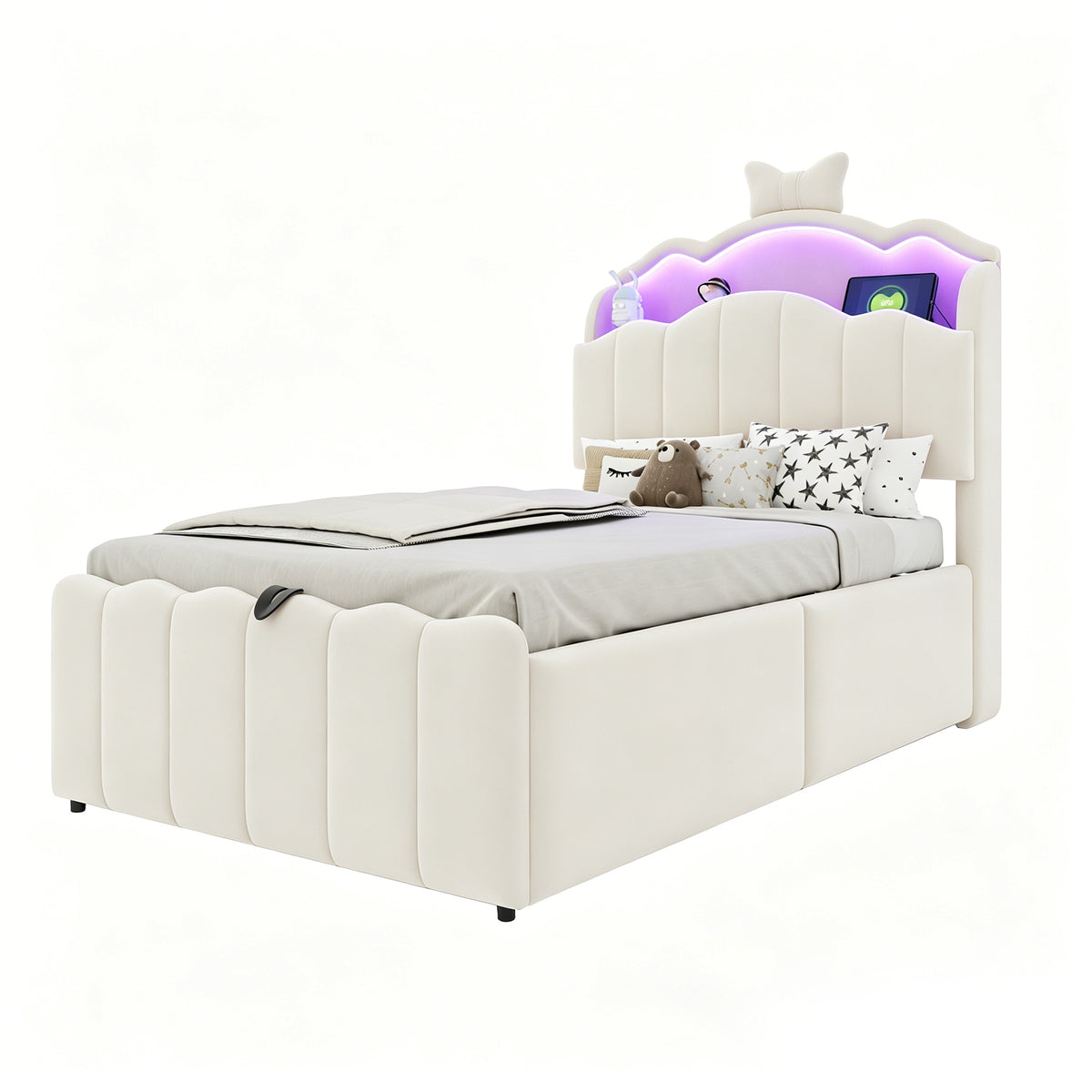 Children's Bed 90x200 Hydraulic Storage & LED, Beige Velvet