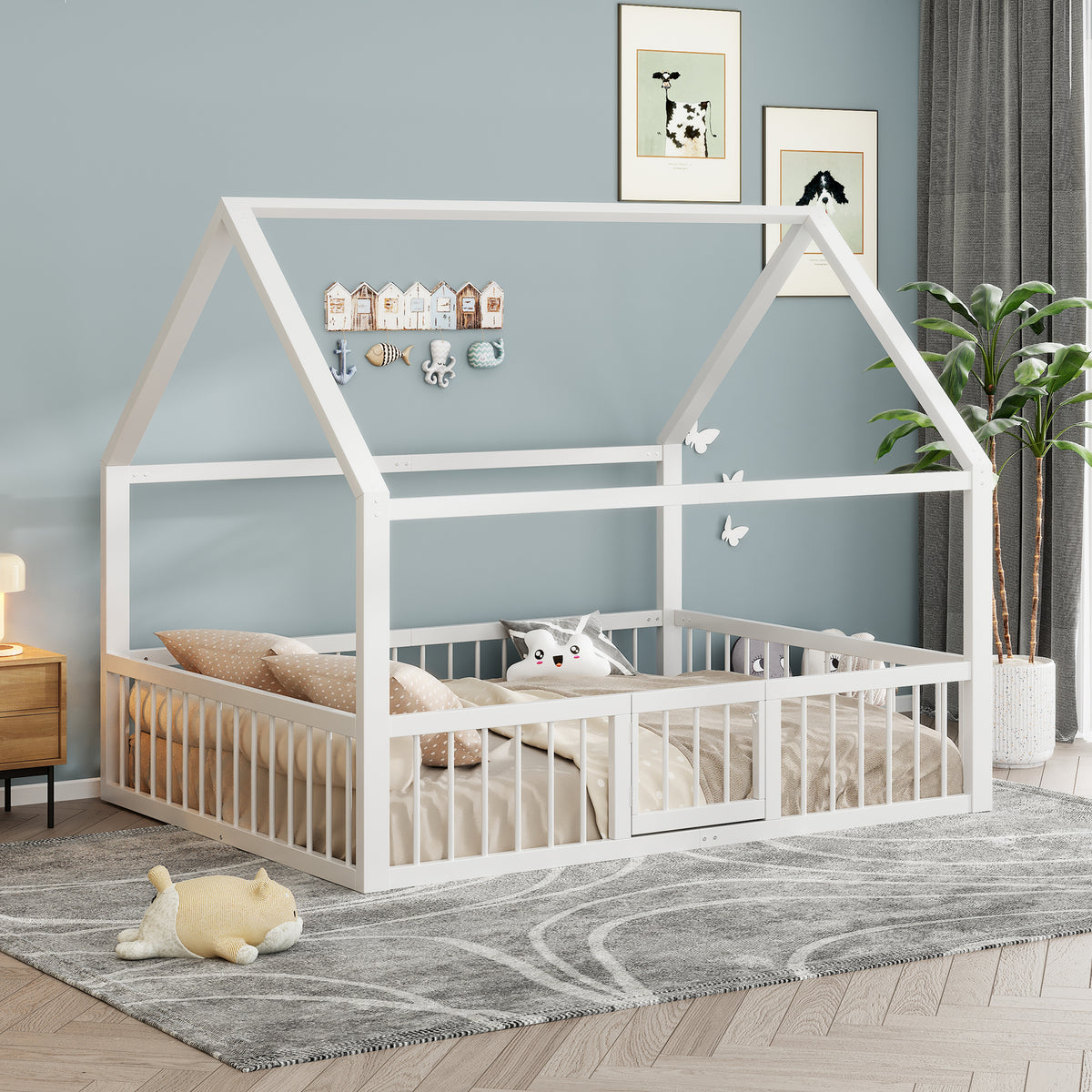 Flatbed Metal Bed 140x200cm with House Trim & Railing - White
