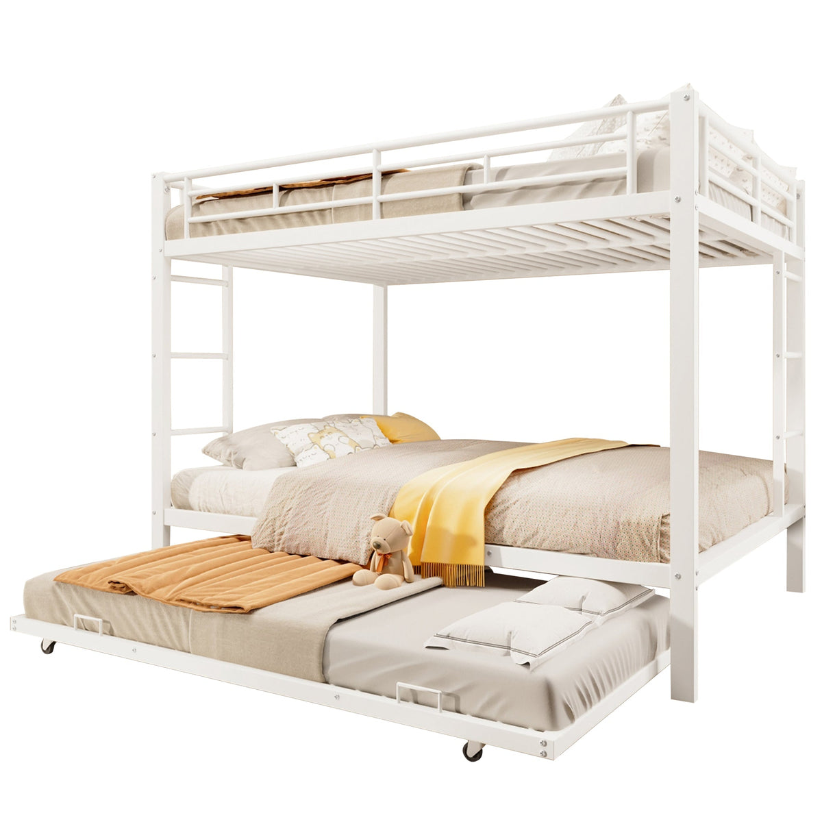Bunk Bed with Pull-Out Bed and High Railings, 140x200cm Iron Frame, White