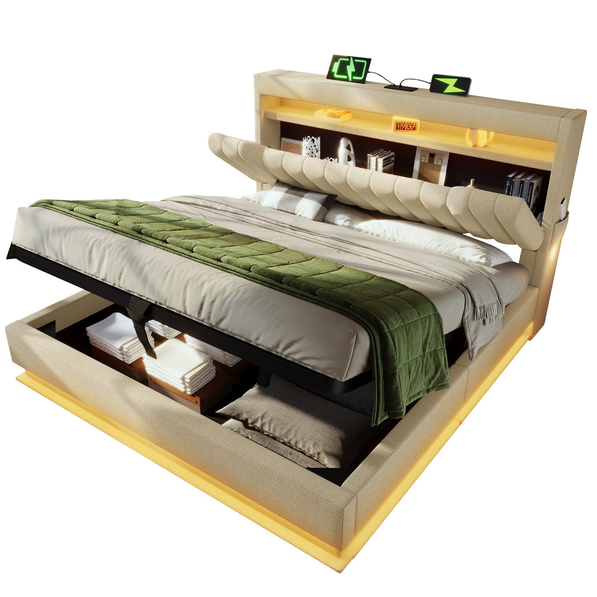 Upholstered Double Bed 160x200cm Hydraulic Storage LED Headboard USB Type-C Beige Linen