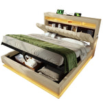 Upholstered Double Bed with Hydraulic Storage, USB, Type-C and LED Lighting, 140x190cm, Beige Linen