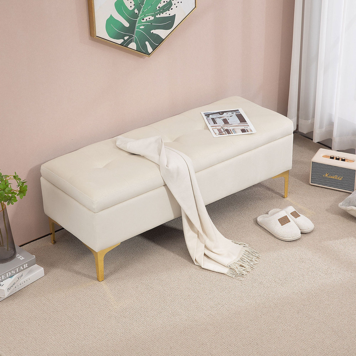 Storage Bench Upholstered Metal Legs, Velvet Look Beige