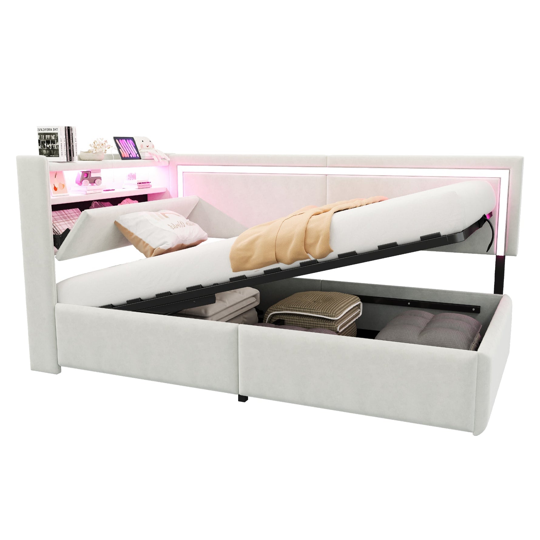 Upholstered Sofa Bed 90x200 cm with LED Lighting, USB Ports and Hydraulic Storage, Beige Velvet
