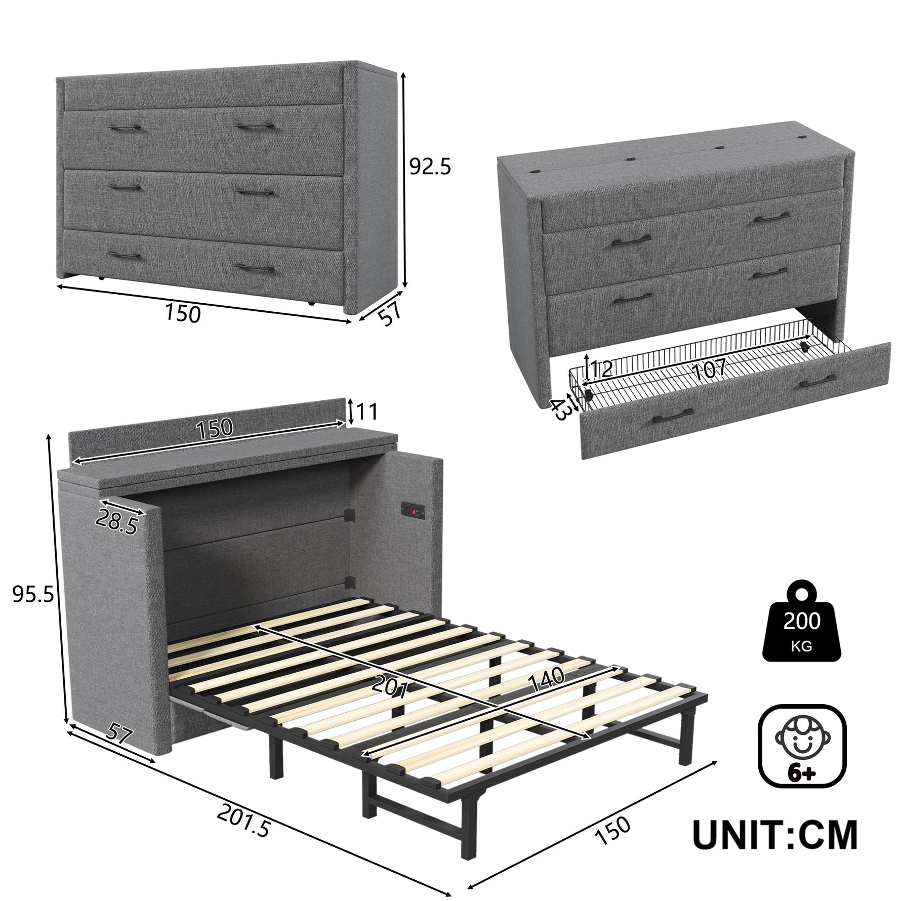 Mobile Murphy Bed with Storage and USB Ports, 140 x 200 cm, Grey Linen
