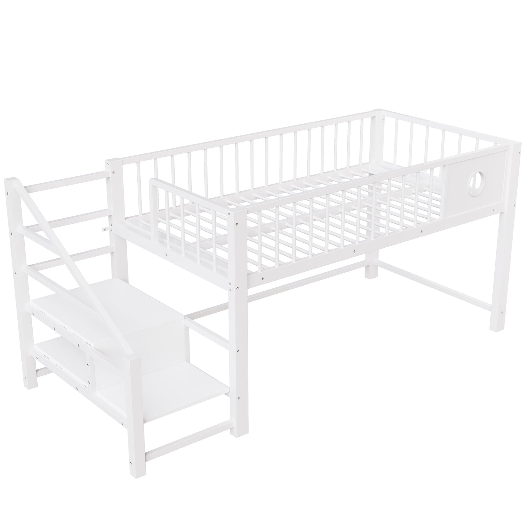 Low Loft Bed for Children with Storage Ladder and Metal Frame, 90x200cm, White