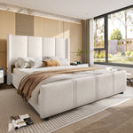 Upholstered Bed Frame, Modern with USB Port, Iron & Wood, Beige