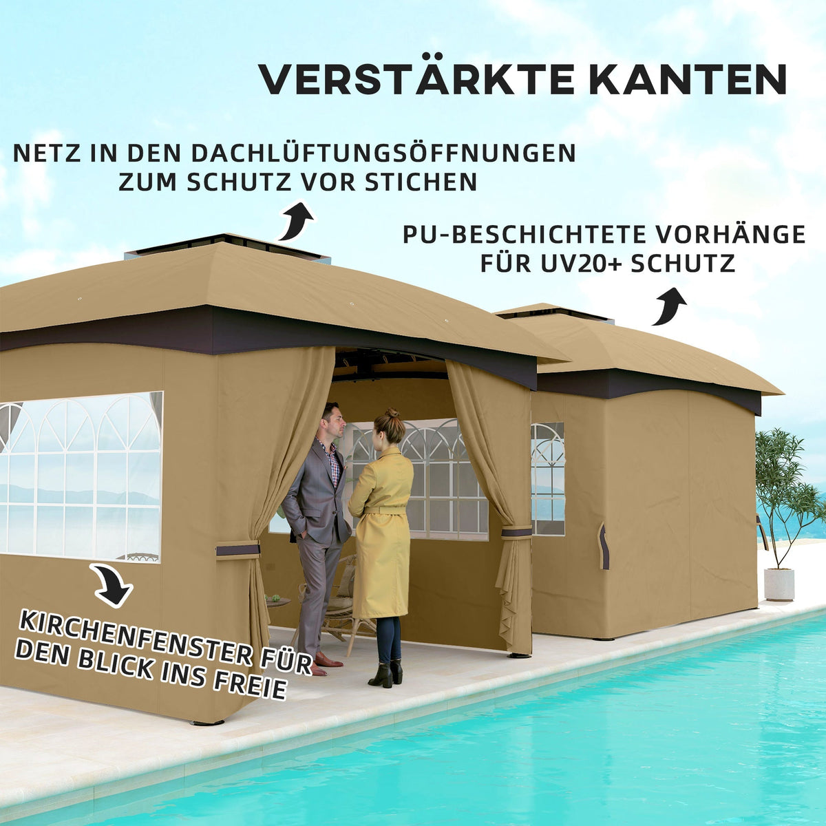 Gazebo 3.4x3.4m Water-Repellent UV Protection, Beige Metal