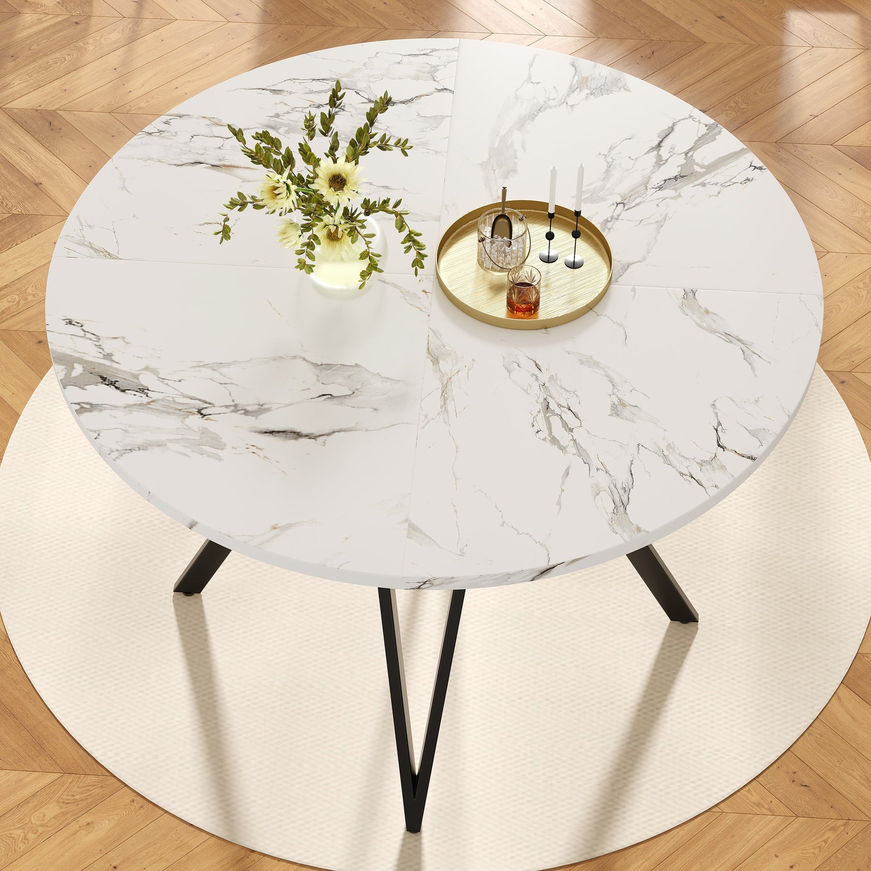 Dining Set 5-Piece Round 100cm Marble Top Black Metal Legs Grey Linen