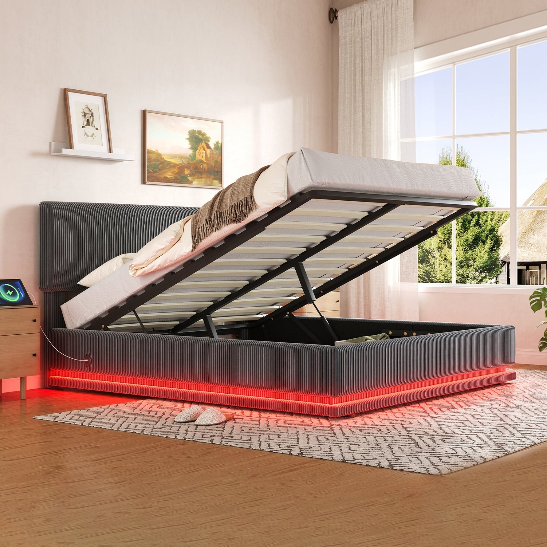 Modern Upholstered Bed with LED Lighting, USB-C and Storage, 160x200 Gray Corduroy