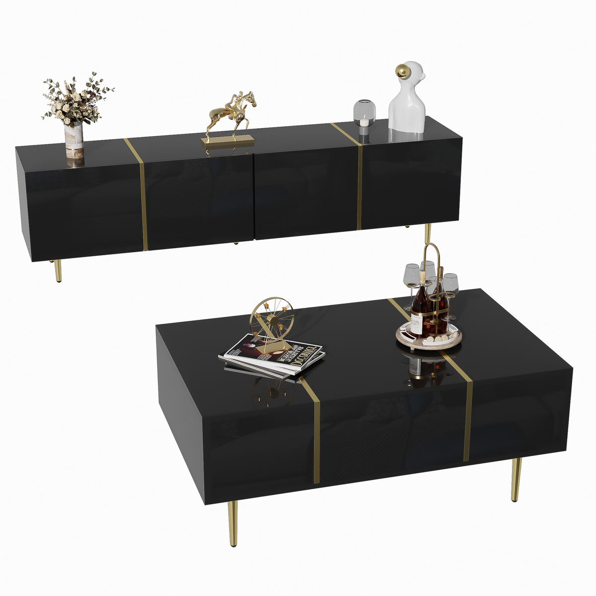 TV Cabinet and Coffee Table Set, High Gloss, Black