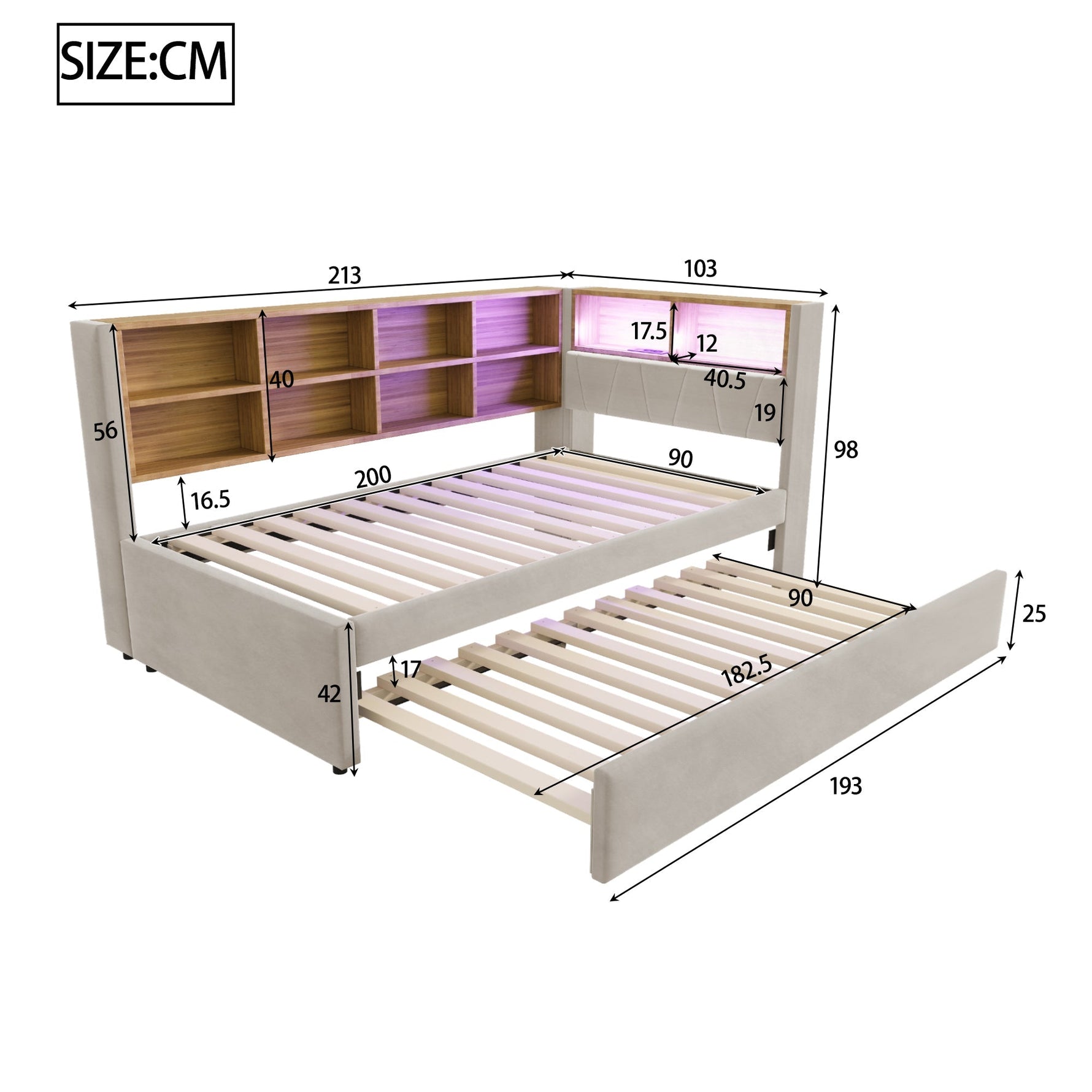 Sofa Bed 90*200, Pull-Out 90*190 with LED Lights, Sockets & Storage, Flannel Light Gray