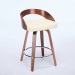 Bar Stools Set of 2, Swivel 63CM Counter Height Chairs with Low Back and Wood Legs, Beige Wood and Faux Leather