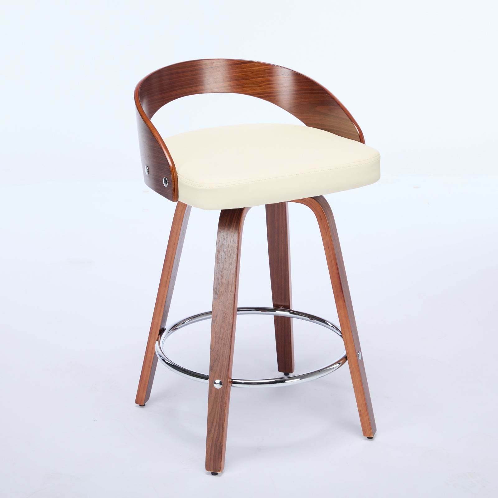 Bar Stools Set of 2, Swivel 63CM Counter Height Chairs with Low Back and Wood Legs, Beige Wood and Faux Leather