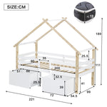 Children's Mid-Sleeper House Bed with Stairs, Storage Lockers, 90x200cm, Pine+MDF White/Natural