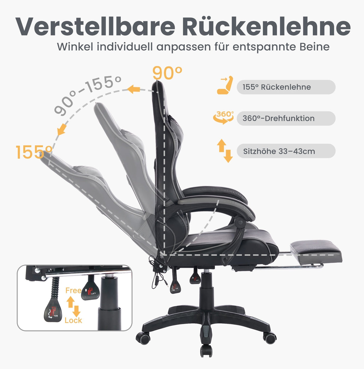 Gaming Chair Ergonomic Racing Design High-Back Adjustable Footrest & Lumbar Support Leather - Black & Grey